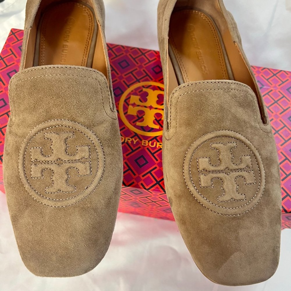 Tory Burch Leigh Elastic Back Suede Loafers. Color: River Rock 037